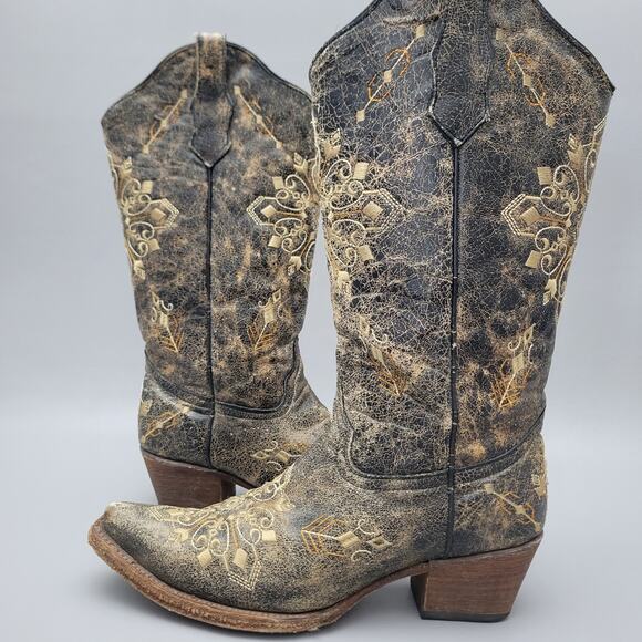 Corral Circle G Women's Black Crackle/Bone Embroidery Snip Toe Leather Boots 9M - Picture 3 of 16
